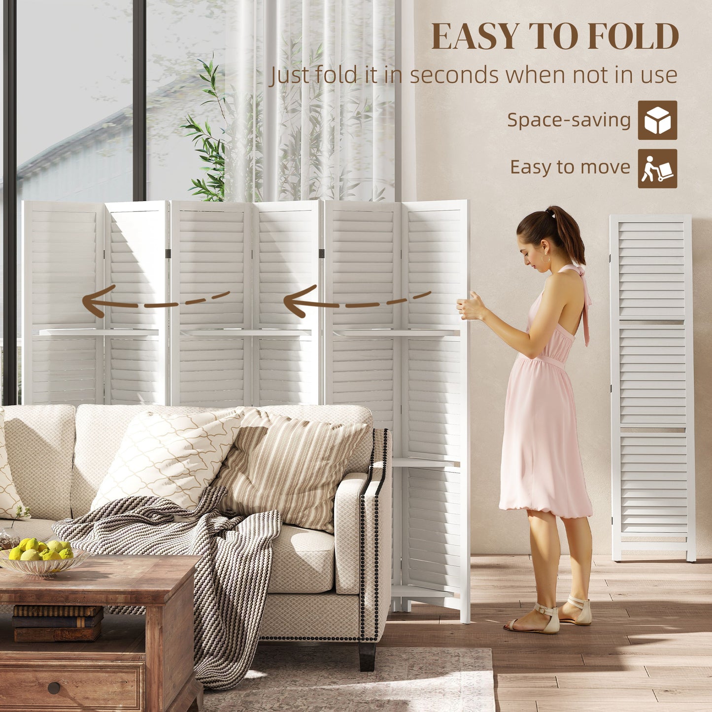 6 Panel 67" Tall Wood Privacy Screen Room Divider With 3 Shelves And Folding Storage For Bedroom, White