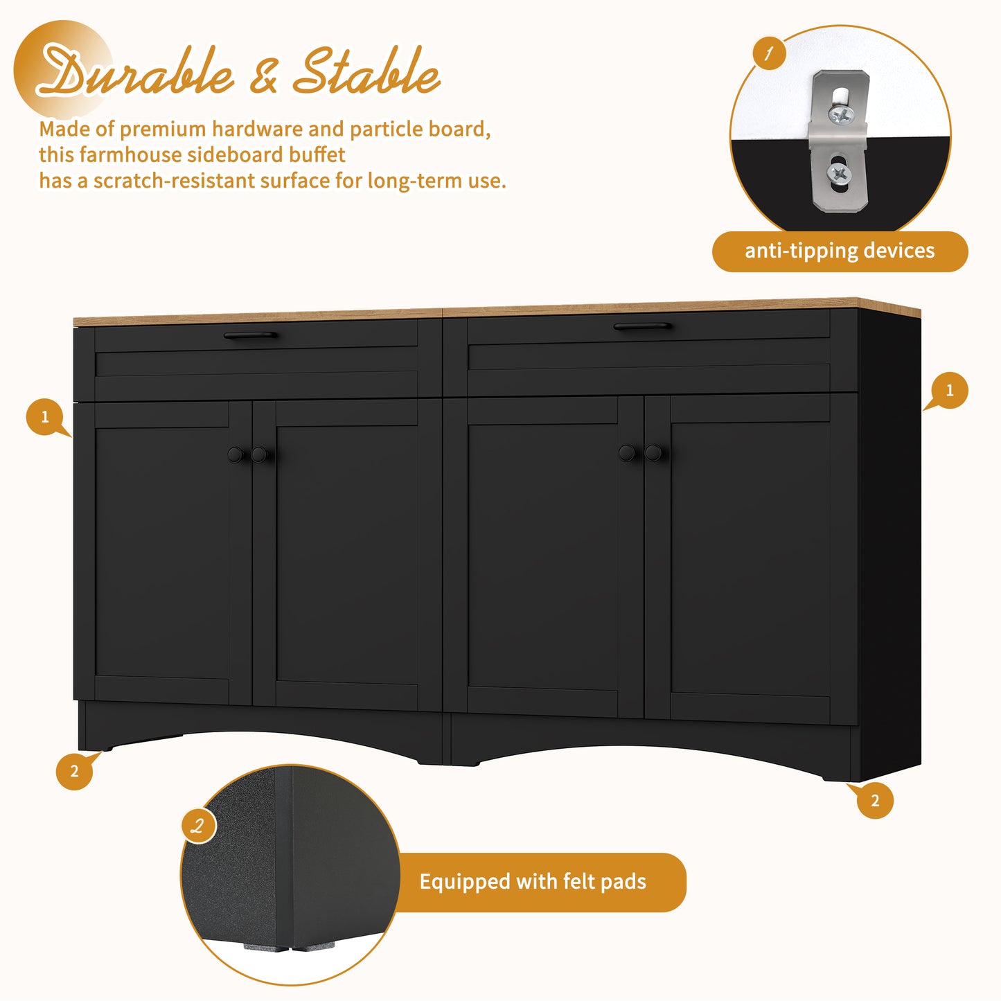 ON TREND Farmhouse TV Stand With 2 Drawers For TVs Up To 70, Versatile Wood Grain Sideboard With Adjustable Shelves, Mid Century Buffet Cabinet With Rustic Handles For Living Room Bedroom, Black
