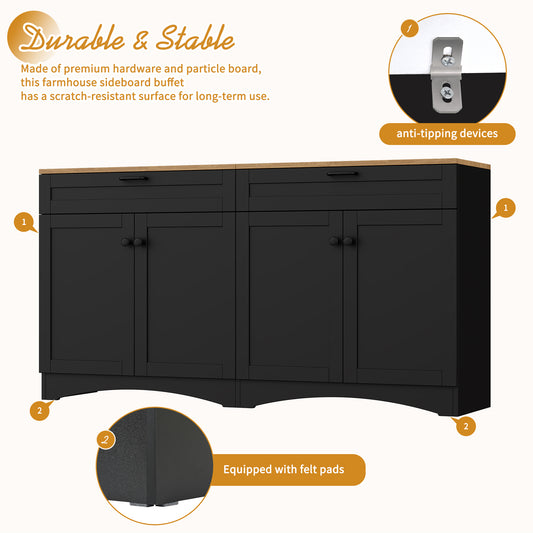 ON TREND Farmhouse TV Stand With 2 Drawers For TVs Up To 70, Versatile Wood Grain Sideboard With Adjustable Shelves, Mid Century Buffet Cabinet With Rustic Handles For Living Room Bedroom, Black