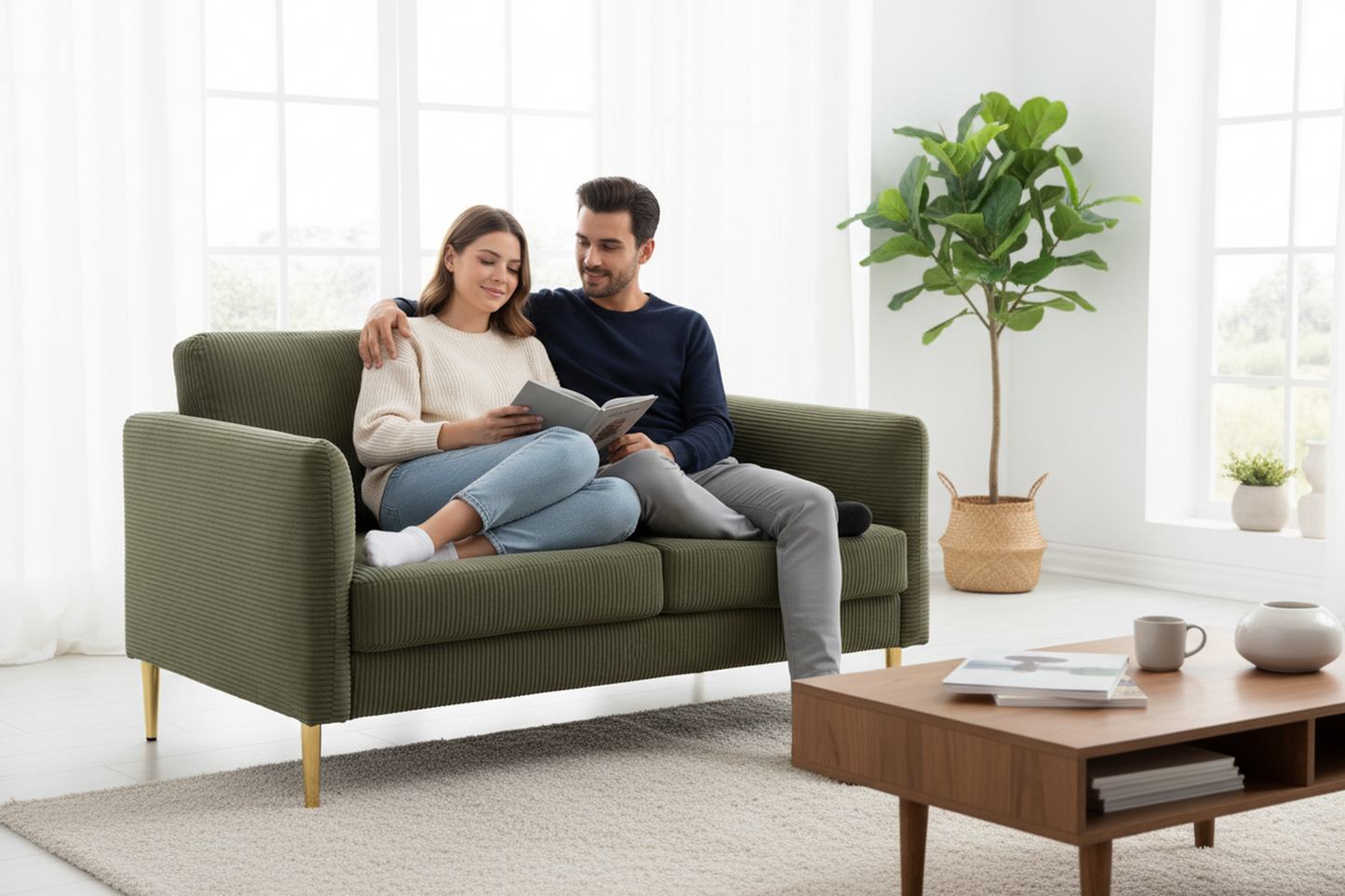 60.63   Wide Modern Corduroy Loveseat, Plush Upholstered Cushions, Solid Wood Frame, Compact Living Room And Apartment Furniture