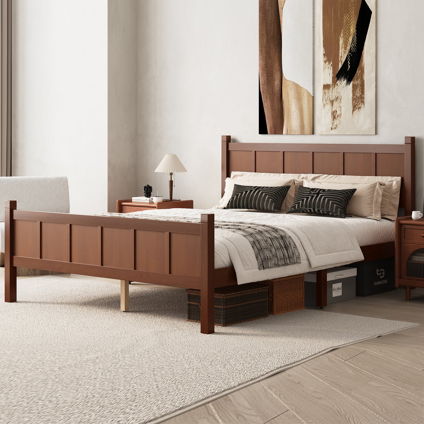 Queen Size Flat Panel Bed With Headboard & Footboard, Minimalist Modern Platform Bed With Wood Grain Finish, Shaker And Farmhouse Style Design, Sleek And Functional Bedroom Furniture,Dark Walnut