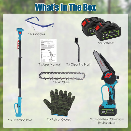Cordless Pole Saw And Mini Chainsaw With Extension Pole 21V Battery 6IN Electric Brushless Pole Chainsaw With Digital Display Auto Oiler Safety Switch For Tree Trimming