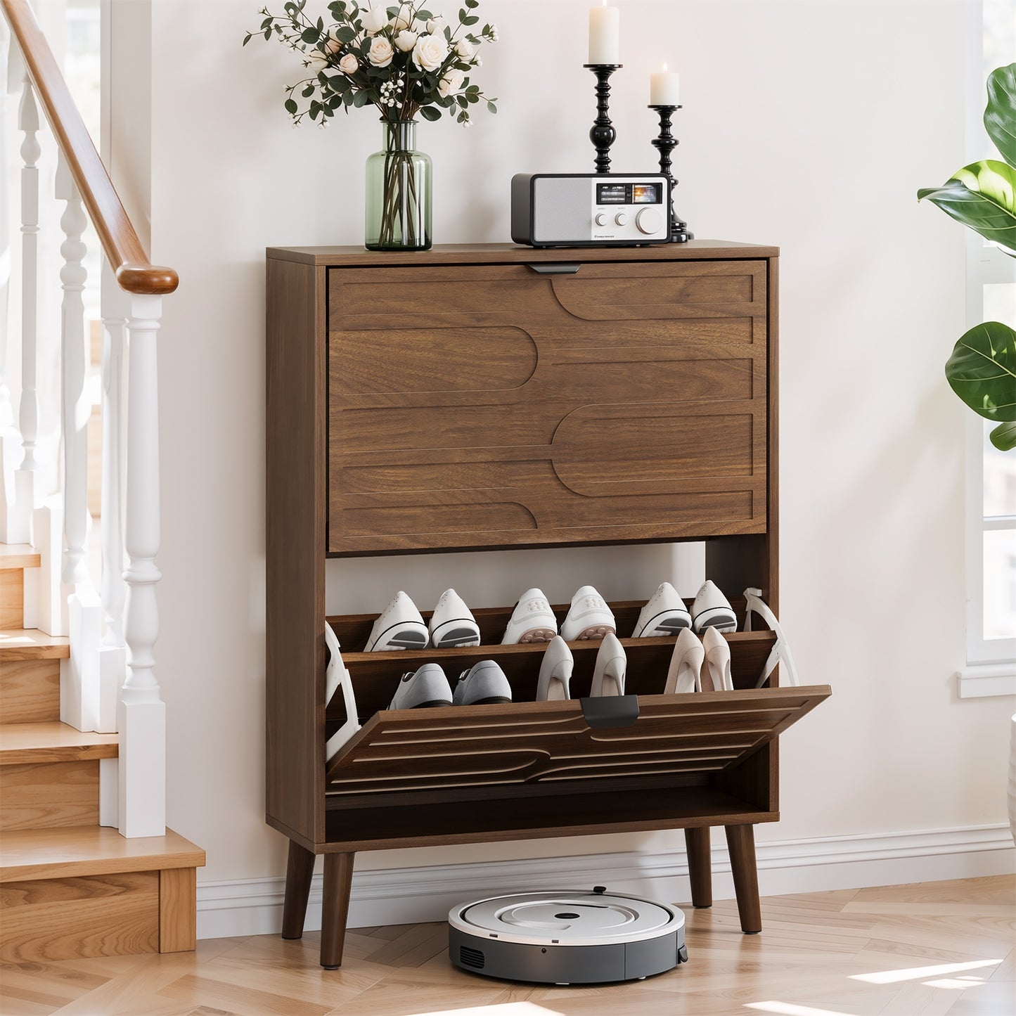 Medieval Modern Independent Shoe Cabinet, 23.62-inch Walnut Shoe Storage Cabinet,, Fence Shoe Cabinet With 2 Flip Drawers, Suitable For Corridors And Entrances