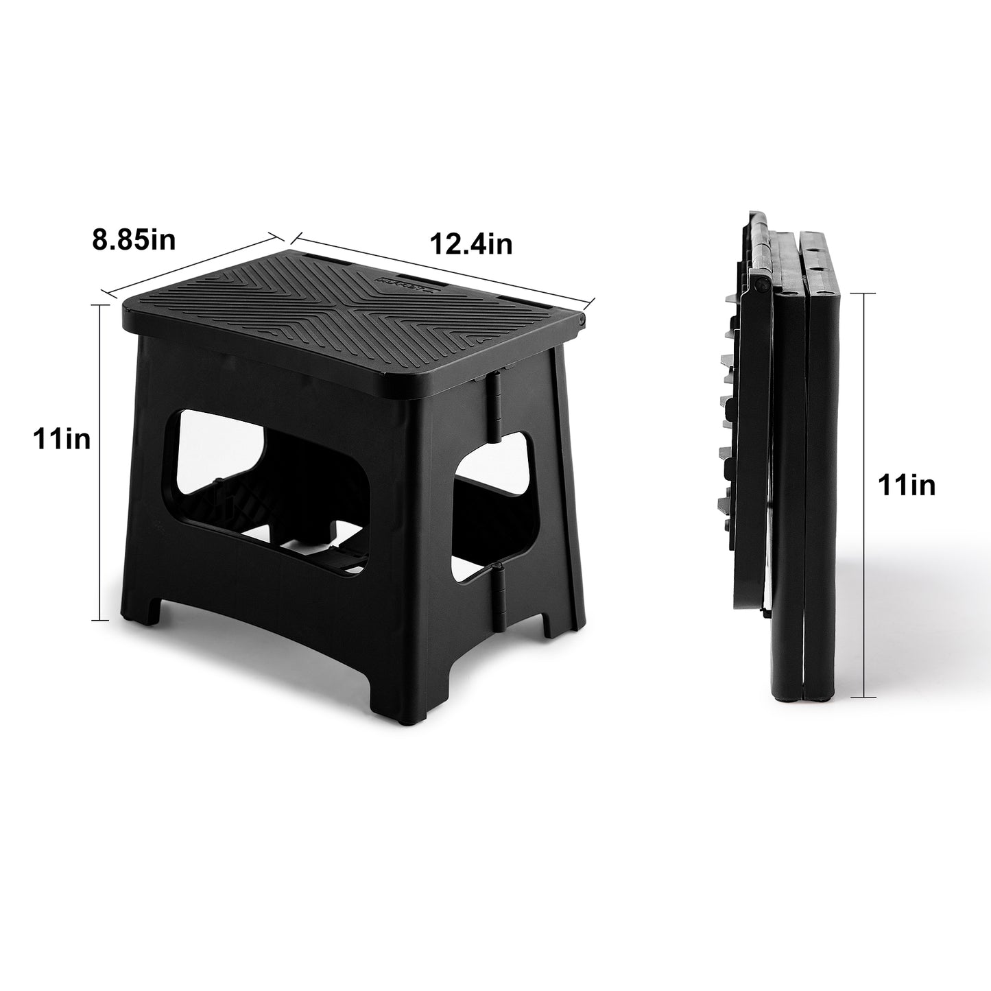 11in Folding Step Stool, Compact, Portable, Non-Slip, 300 Lbs. Weight Capacity For Adults And Children. Secure Non-slip Top And Rubber Feet, Great For Home And Camping, Black Color