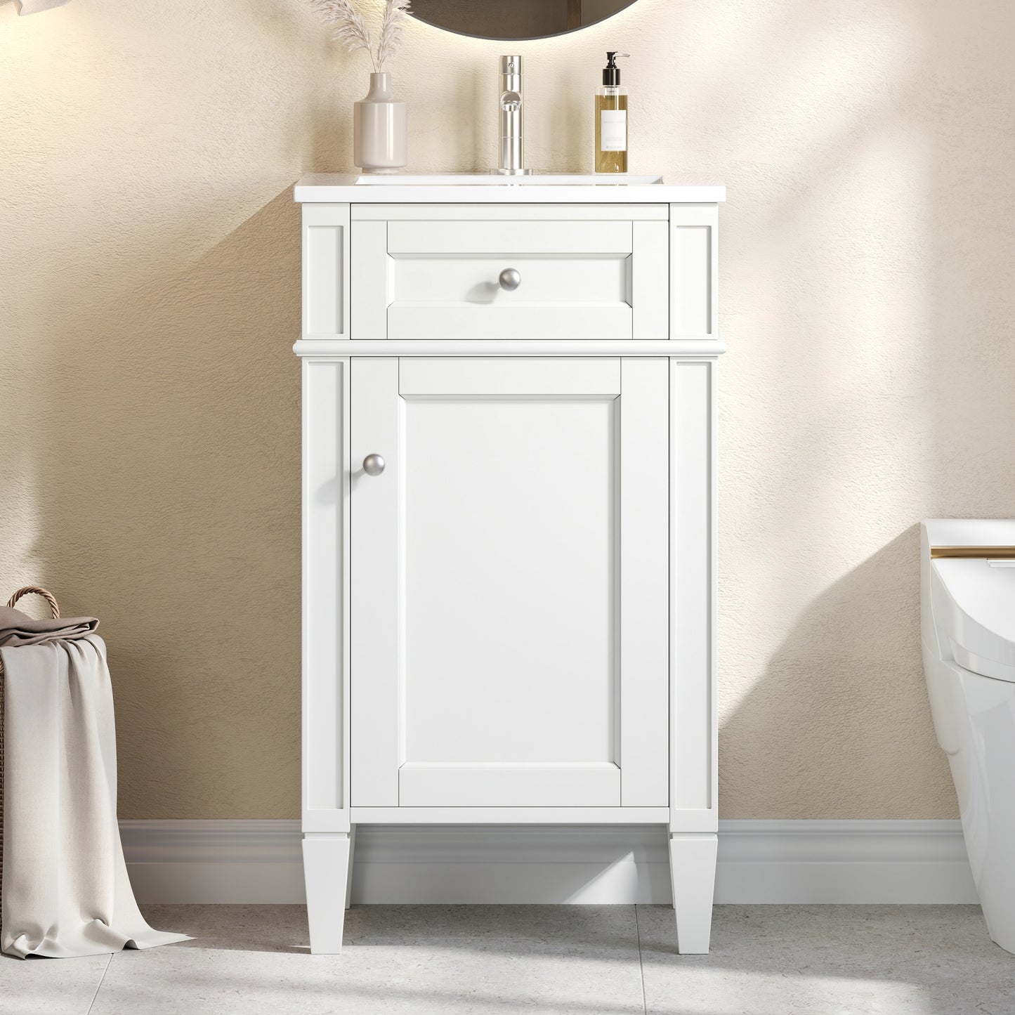 18-inch Bathroom Vanity With Ceramic Sink, Freestanding Single Vanity Set With Soft Closing Door, Adjustable Shelf, French Style, Solid Feet, White