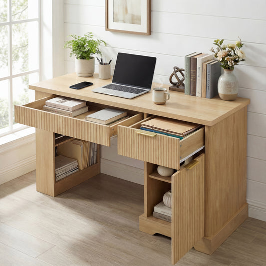 55  Modern Fluted Office Desk With Storage Cabinet & Drawers, Computer Writing Desk With Power Outlet, Pegboard, Built-in Shelves And Keyboard Tray For Study, Living Room, Home Office, Light Oak
