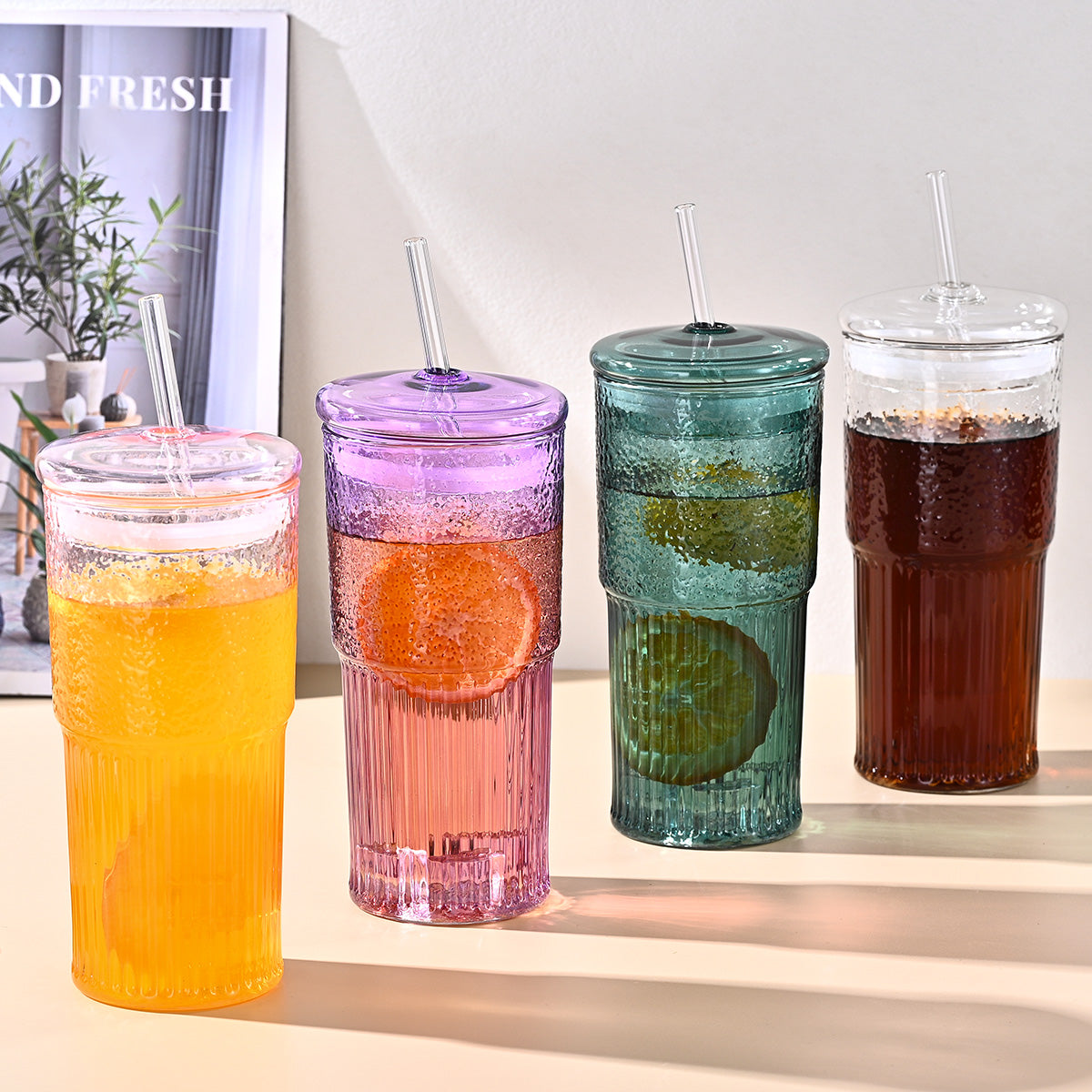 20 Oz 2-pack Pink Glass Straw Cup With Vertical Pattern Cup And Lid, High Borosilicate Heat-resistant Glass Cup For Juice, Milk And Cold Drinks