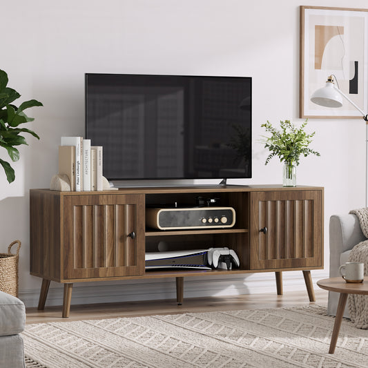 55-inch Wooden TV Cabinet With 2 Vertical Groove Doors, Adjustable Storage Shelves, Living Room Storage Cabinet, Entertainment Center With Storage Space, Walnut Color