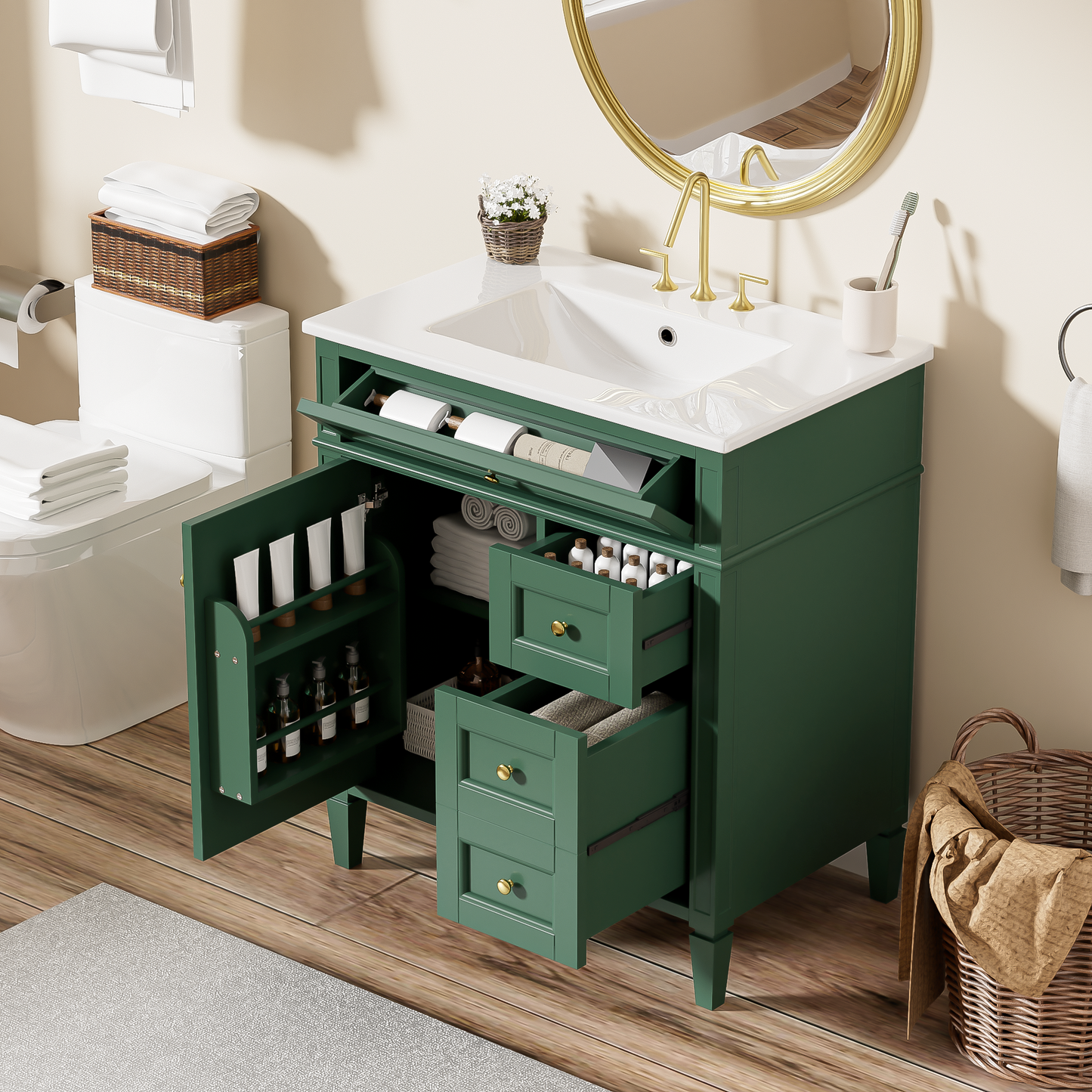 30'' Bathroom Vanity With Top Sink, Modern Bathroom Storage Cabinet With 2 Drawers And A Tip-out Drawer, Single Sink Bathroom Vanity