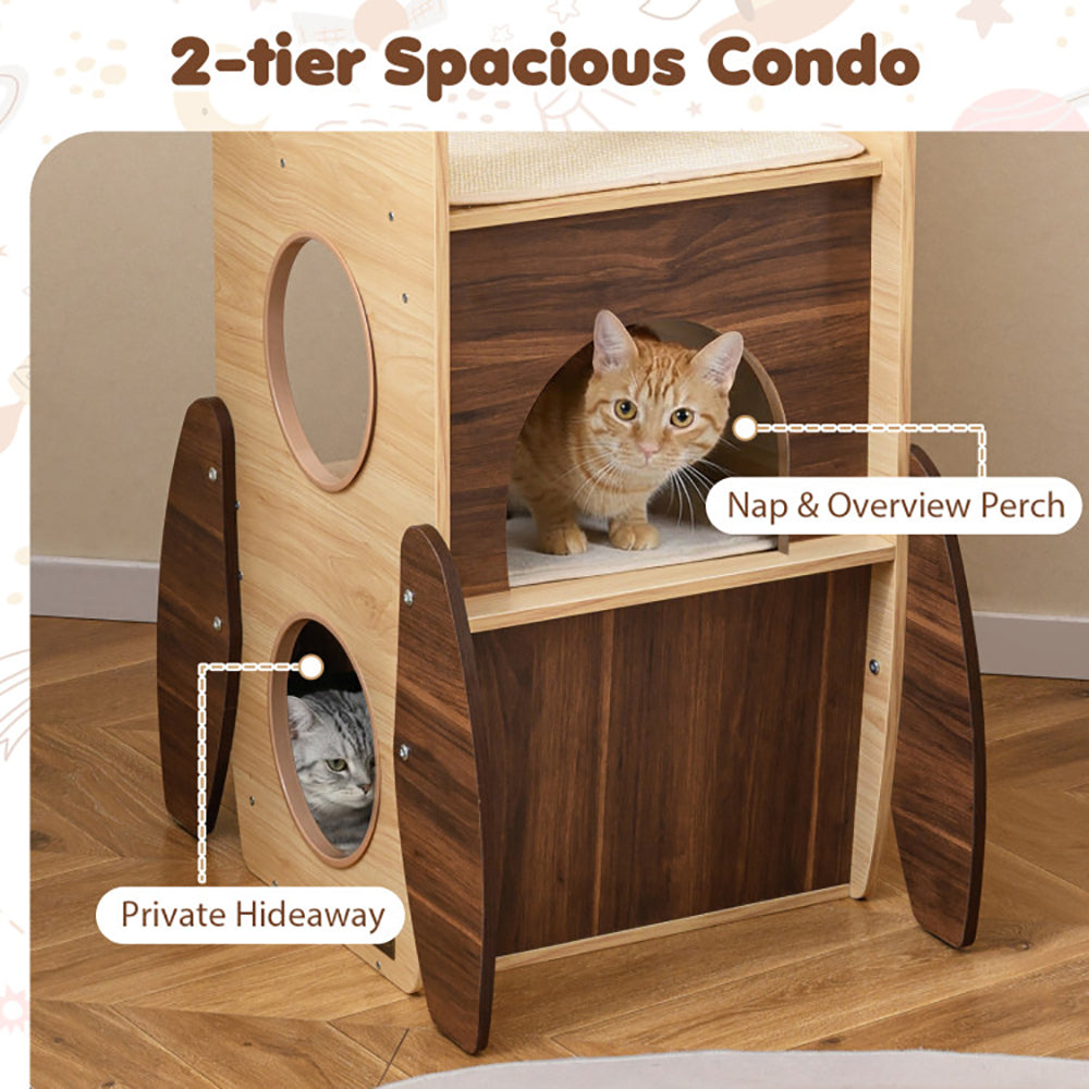 Rocket Cat Tree 47 Inch Large Wooden Cat Tower For Indoor Cats Sisal Scratching Pad Detachable Scratching Mat