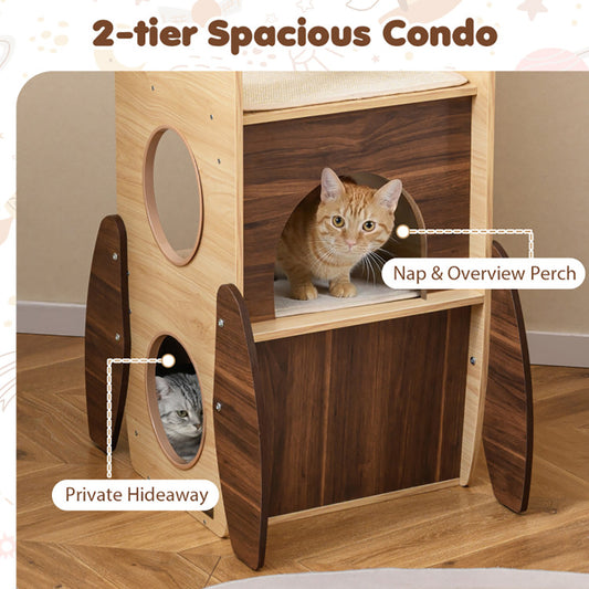 Rocket Cat Tree 47 Inch Large Wooden Cat Tower For Indoor Cats Sisal Scratching Pad Detachable Scratching Mat
