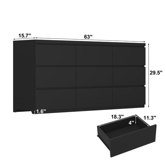 9 Drawer Dresser With No Handle Design, Modern Black Matte Wood Dresser For Bedroom, Storage Chest Of Drawers For Living Room, Hallway, Entryway