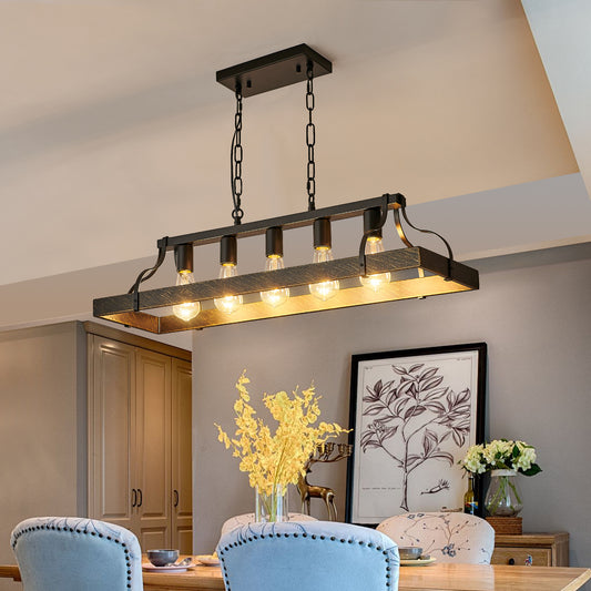 34-Inch Black Gold Vintage Pendant Light, 5 E26 Bulb Sockets, Adjustable Chain Height  Antique Style Chandelier For Dining Room, Kitchen, Or Living Room Bulb Not Included