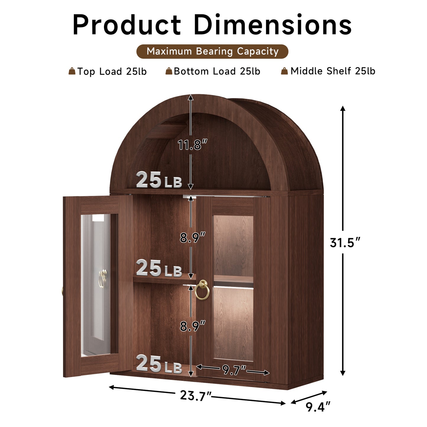 Wall Mounted Arched Cabinet With Glass Doors, Light And Adjustable Shelves For Laundry Room, Bathroom, Kitchen