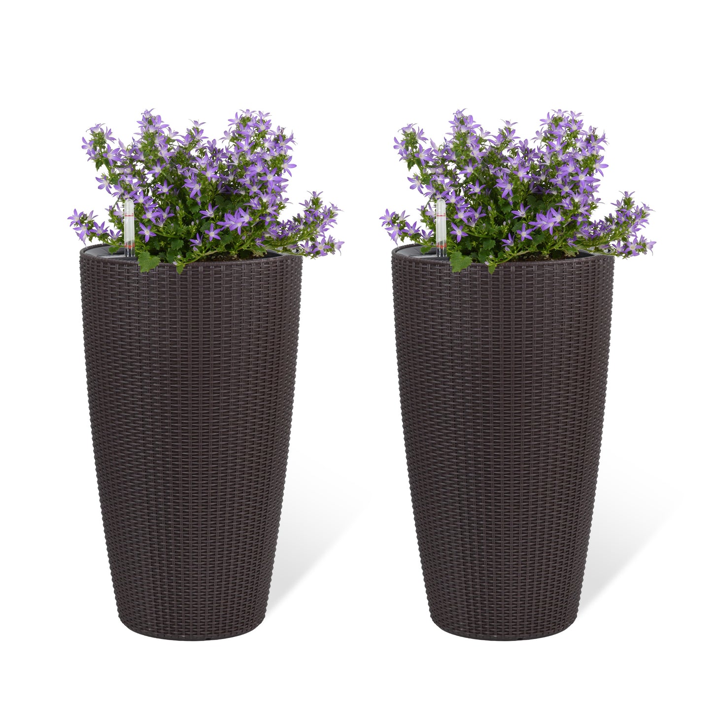 Set Of 2 Faux Rattan Tall Planters Outdoor Indoor Large Planters With Water Level Monitor Inner Bucket, Automatic Watering, Flower Plant Pots For Garden, Patio, Porch,  Brown, 22 Inch