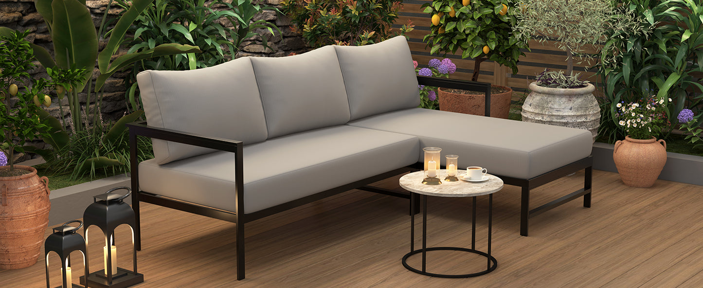 U-style Outdoor L- Shaped Sofa With Iron Frame Weather- Resistant Patio Sofa Set With Ultra- Thick Cushions Comfortable Seating For 3 Ideal For Patio  Balcony And Garden