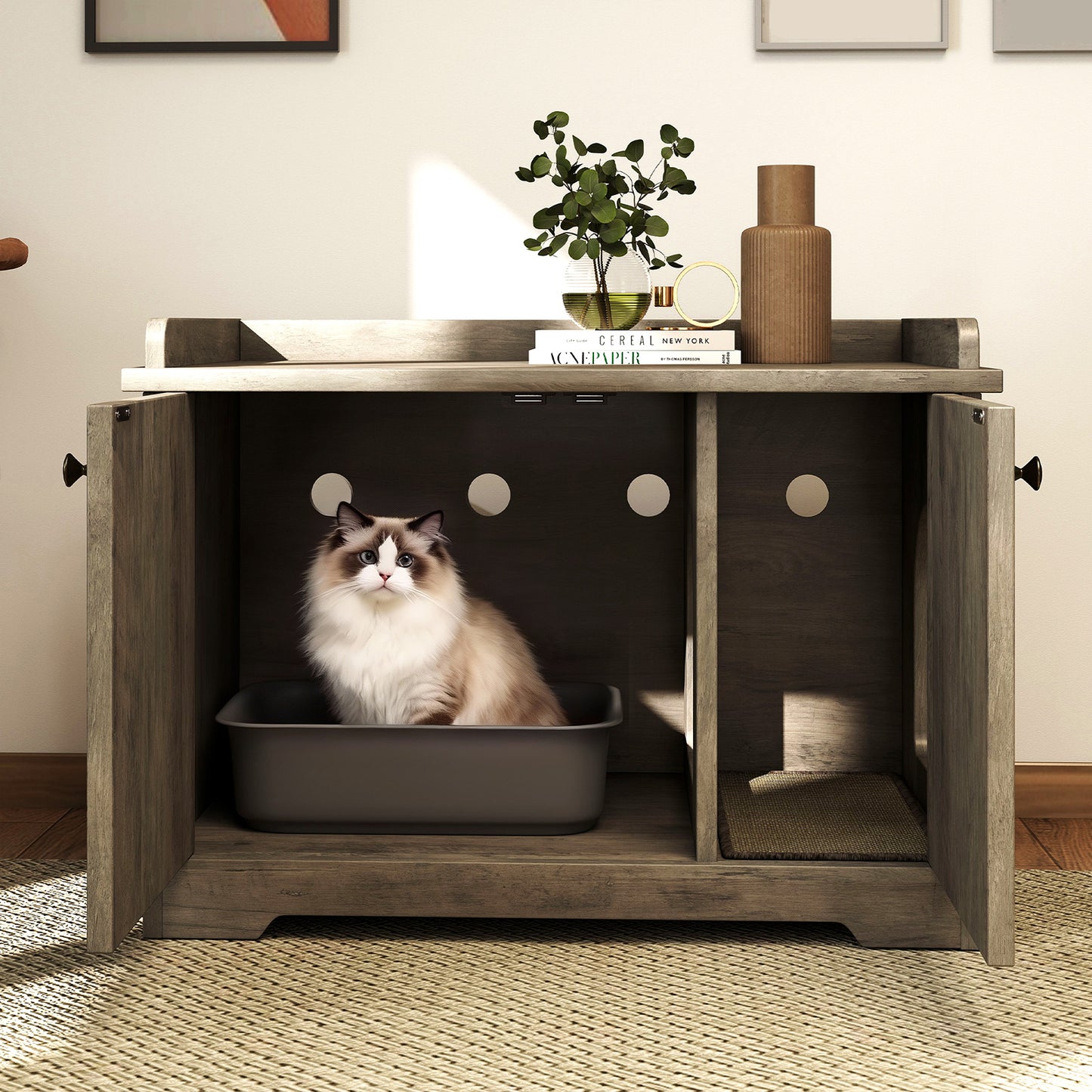 Cat Litter Box Enclosure Furniture With Scratching Pad Wooden Cat Washroom Pet House 31.5x22.05x19.69in