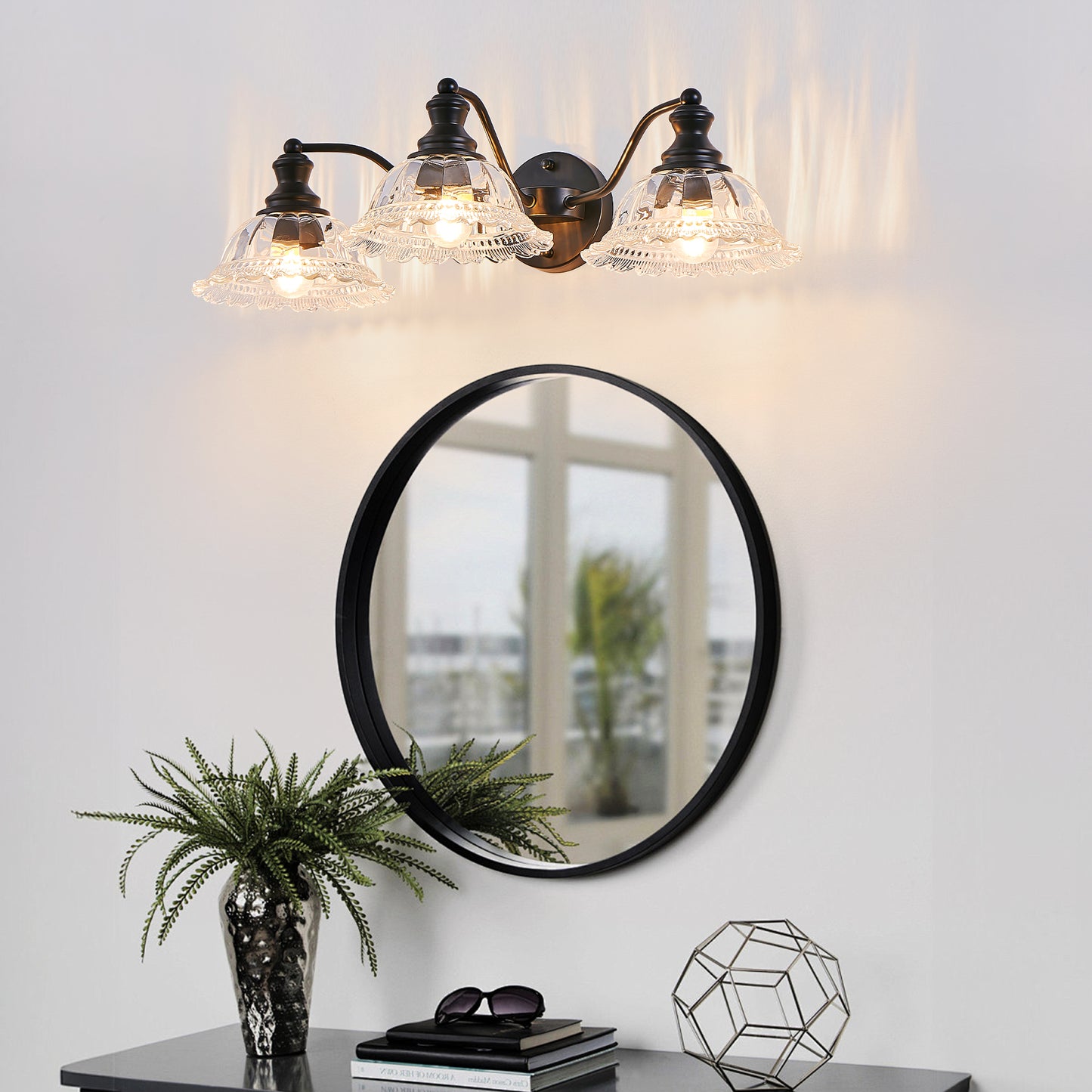 24 Inch 3-Light Vintage Bathroom Wall Sconce Elegant Black Metal And Glass Lampshade Vanity Light Fixture For Bathroom, Hallway, Or Bedroom Bulb Not Included