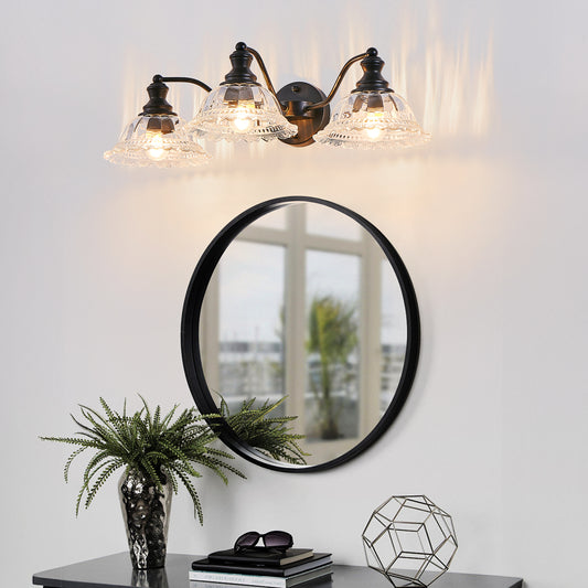 24 Inch 3-Light Vintage Bathroom Wall Sconce Elegant Black Metal And Glass Lampshade Vanity Light Fixture For Bathroom, Hallway, Or Bedroom Bulb Not Included