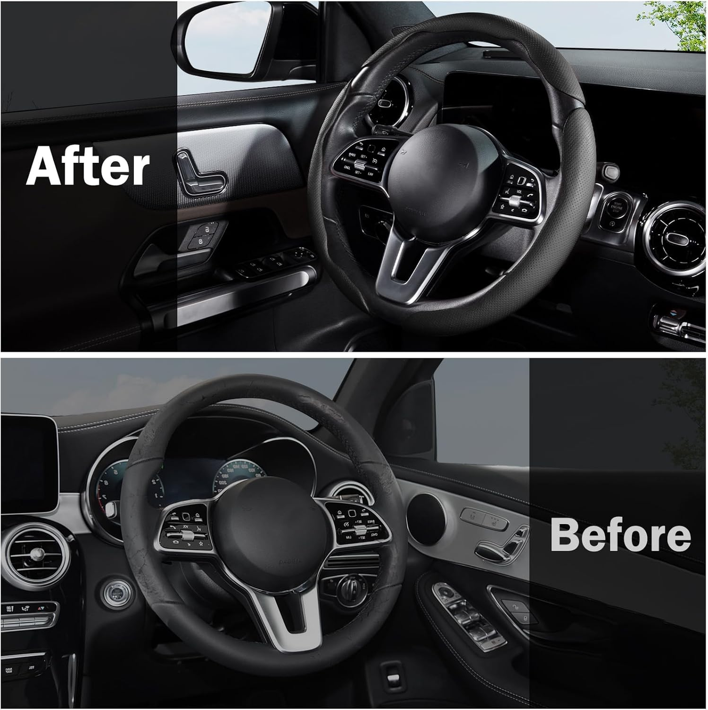 Car Steering Wheel Cover - Leather Snap-on Three-piece Set - Anti-slip Protection Cover - Steering Wheel Control Accessory - Universal Model - Black And Gray