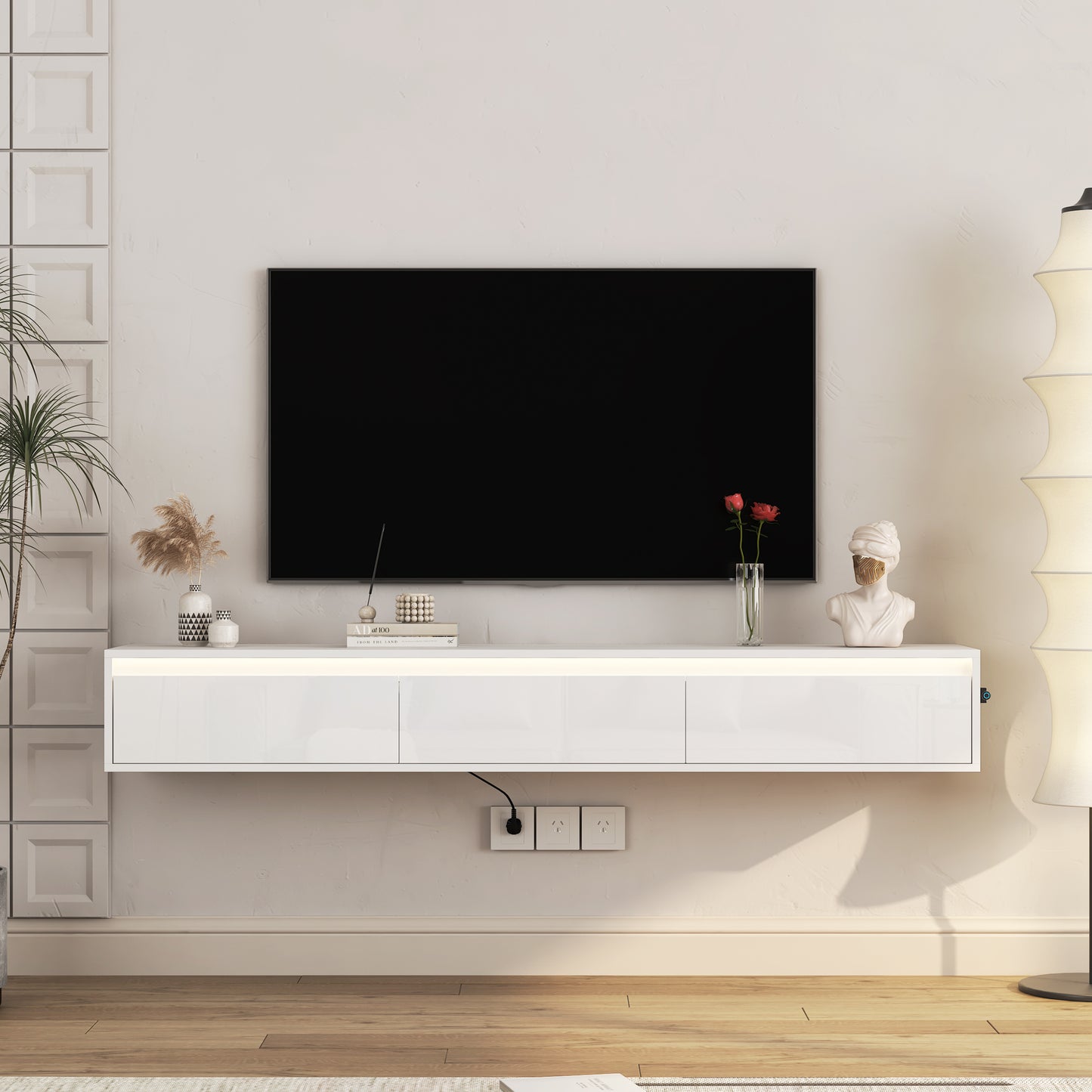 Floating TV Stand, Wall Mounted TV Shelf With Led Lights & Power Outlet, Cabinet For Tv Stands For Living Room