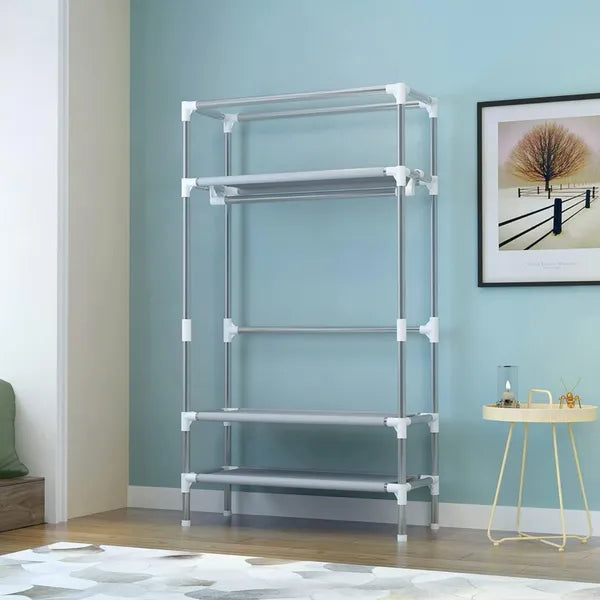 Portable Clothes Closet Rolling Door Wardrobe With Hanging Rack Non-Woven Fabric Storage Organizer With Three Drawer Boxes No-Tool Assembly - 35.4 X 17.7 X 67.0 In Gray