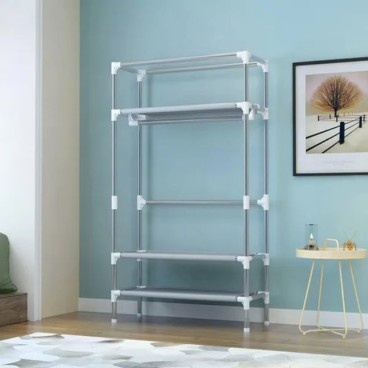 Portable Clothes Closet Rolling Door Wardrobe With Hanging Rack Non-Woven Fabric Storage Organizer With Three Drawer Boxes No-Tool Assembly - 35.4 X 17.7 X 67.0 In Gray
