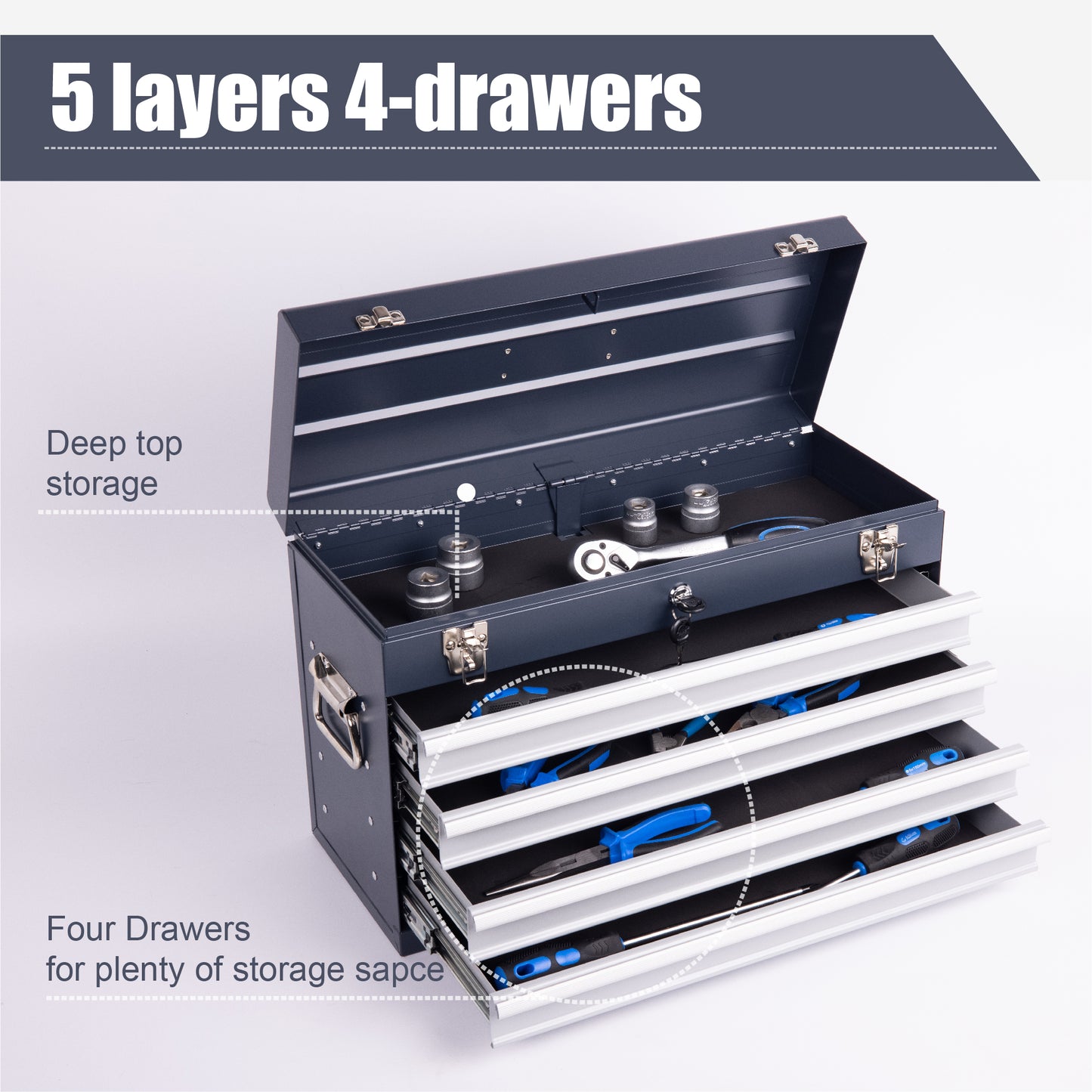 Heavy Duty Metal Tool Box, 21-inch, Portable Metal Tool Box With 4 Drawers, Small Tool Chest With EVA Liners, Ball Bearing Slide Drawers Locking & Powder Coated Finish, Multi-Function Tool Organizer