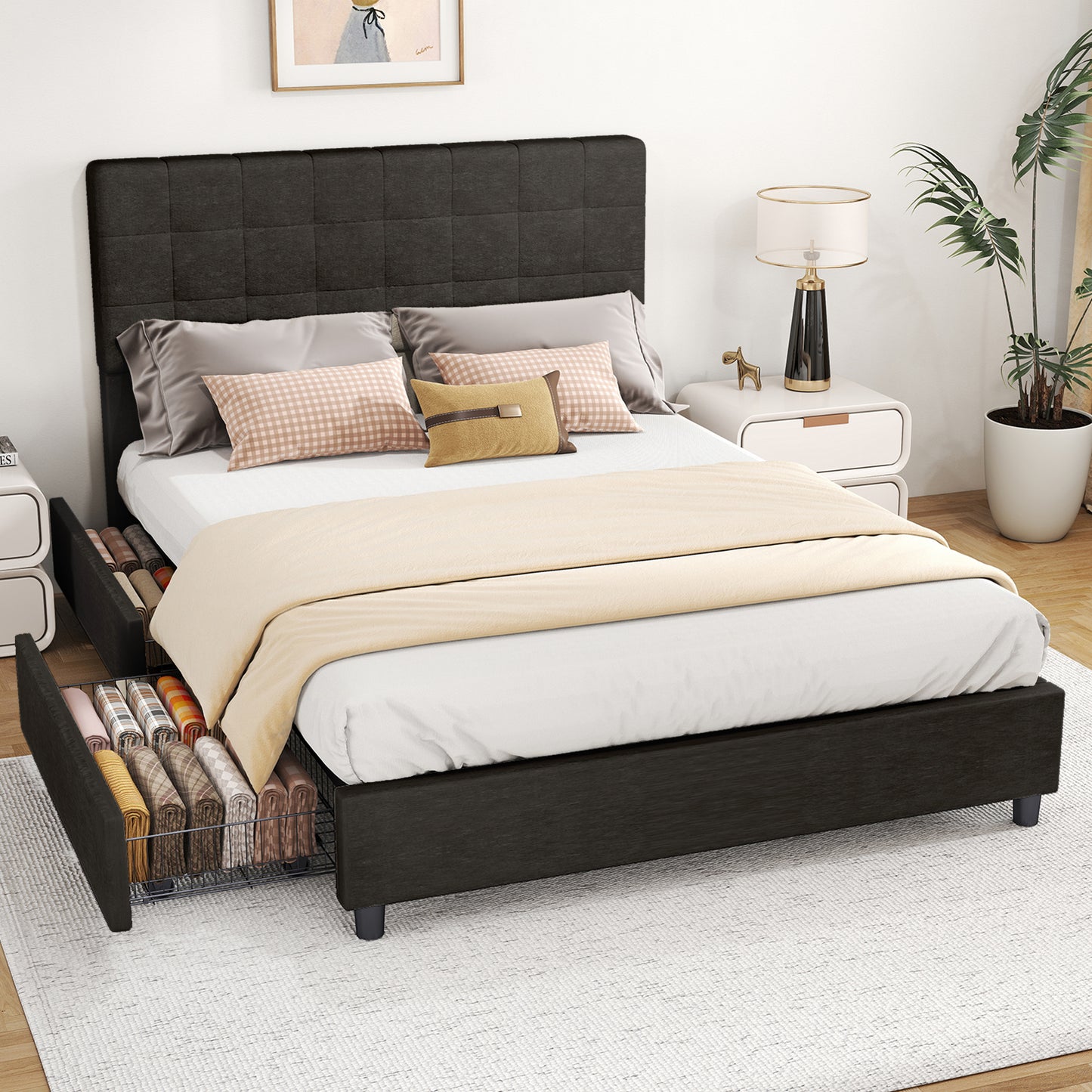 Full Bed Frame Upholstered Vertical Channel Headboard Bed Frame With 4 Storage Drawers Wood Slats No Box Spring Needed Easy Assembly For Bedroom