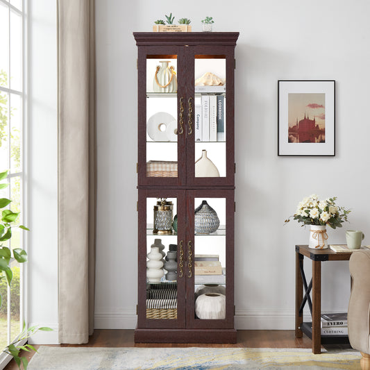 Lighted Glass Curio Display Cabinet,Display Cabinet,Glass Storage Cabinet Glass Wine Cabinet Wood Frame Toy Display For Living Room, Kitchen, Pantry Light Bulb Included Dark Cherry