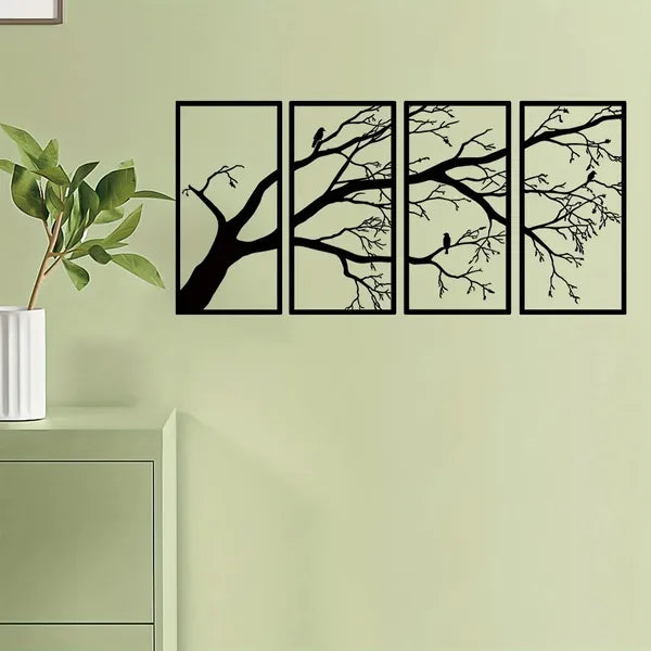 CIFbuy Iron Bare Branch & Bird 4-Panel Wall Art, Minimalist Style Wall Hanging, Nature Theme Home Decor - TikTok, Temu, Self-pickup Available
