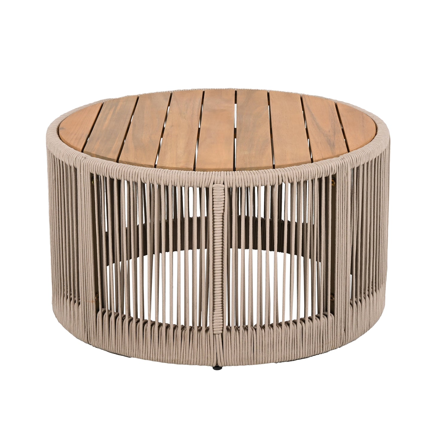 Outdoor Rattan Rope & Acacia Wood Coffee Table - Patio Balcony Furniture For Garden, Yard, Balcony - Weather Resistant Rope Beige, Natural Iron