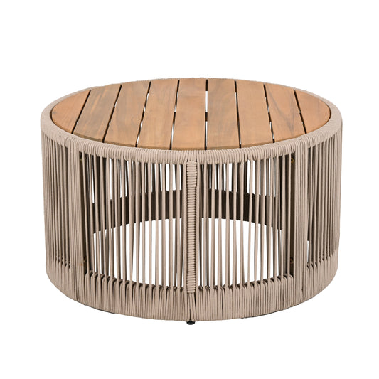 Outdoor Rattan Rope & Acacia Wood Coffee Table - Patio Balcony Furniture For Garden, Yard, Balcony - Weather Resistant Rope Beige, Natural Iron