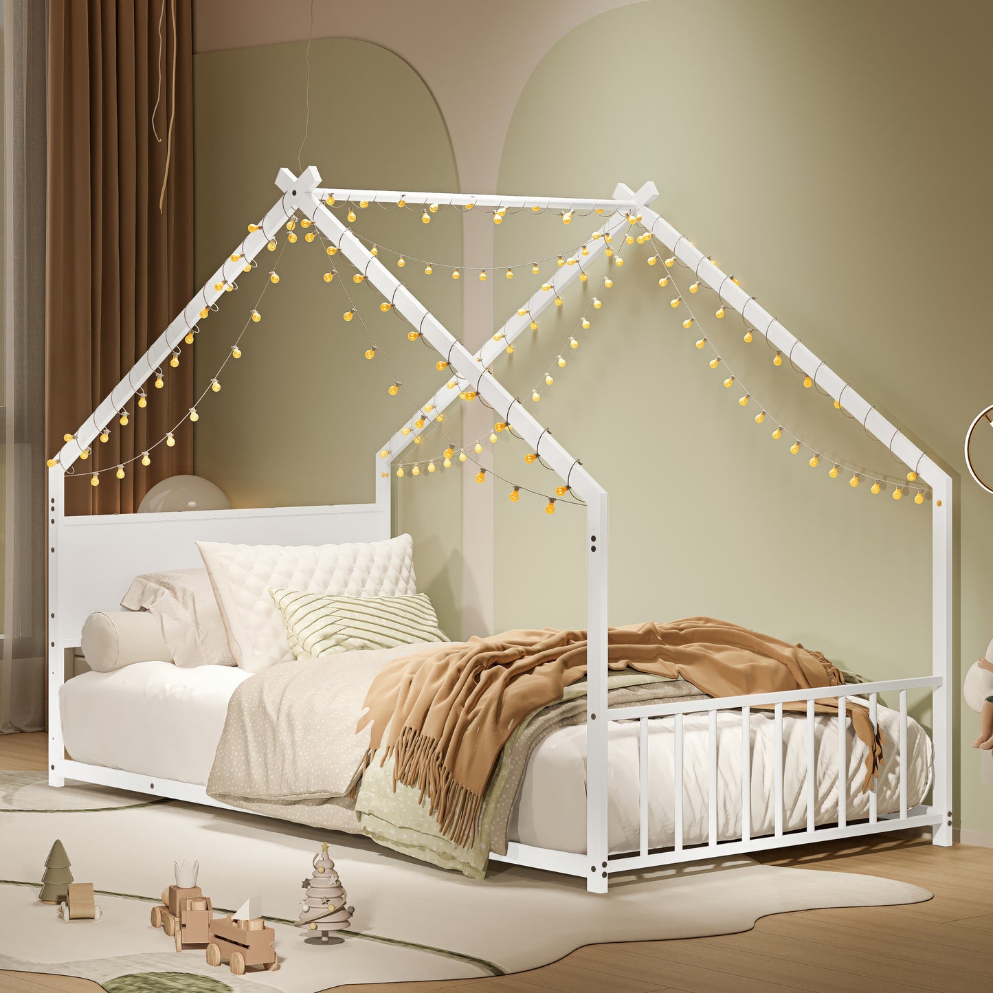 Twin Size House Bed With Roof And Colorful Lights, Metal Bed Frame With Slats And Legs, House Bed For Boy, Girls And Young Teens, No Box Spring Needed White