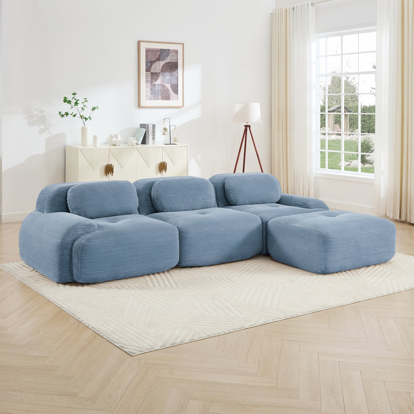 L-shaped Modular Sofa No Assembly Ergonomic Design Pet-friendly LuxuryCorduroy Fabric Fabric Extra-wide Curved Armrests 32D High-resilience Sponge For Living Rooms Bedroom,Blue
