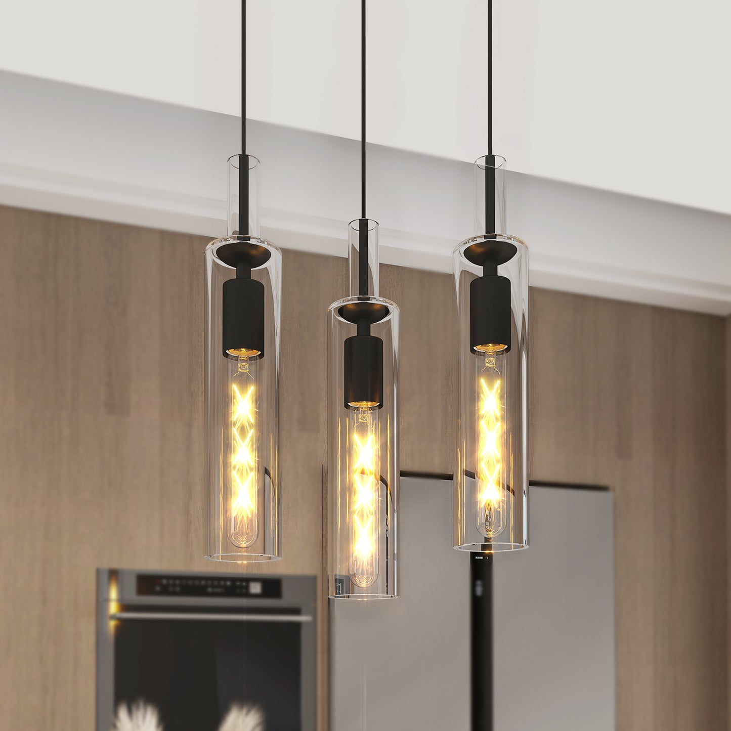 3 Pack Black Pendant Lights Kitchen Island  No Bulbs  Adjustable Modern Glass Pendant Light Over Island, Industrial Pendant Light Fixtures For Dining Room Hallway Bedroom Living Room