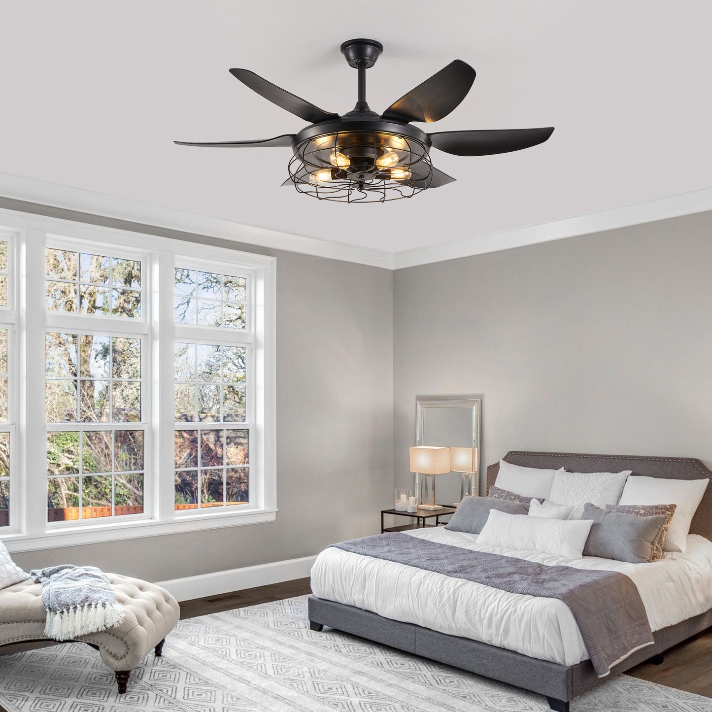 52 Modern Black Ceiling Fan With Light, 6 Fan Blades And Industrial Cage Design, Adjustable Speed For Living Room, Bedroom, Dining Room  Silent 6-Speed Reversible DC Motor  Bulb Not Included