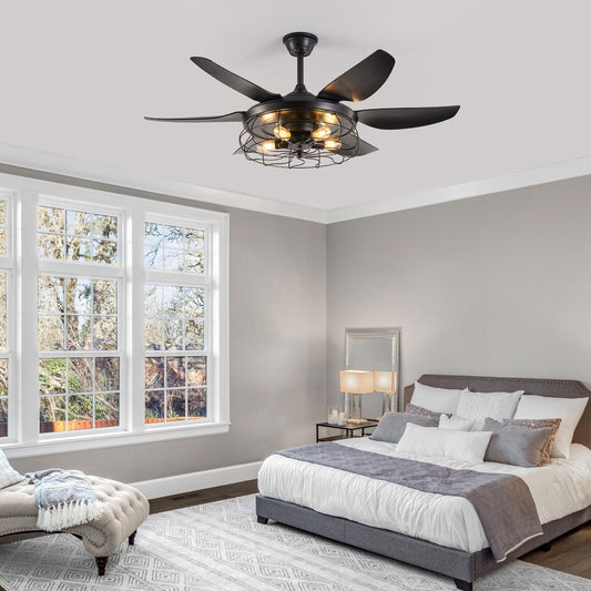 52 Modern Black Ceiling Fan With Light, 6 Fan Blades And Industrial Cage Design, Adjustable Speed For Living Room, Bedroom, Dining Room  Silent 6-Speed Reversible DC Motor  Bulb Not Included