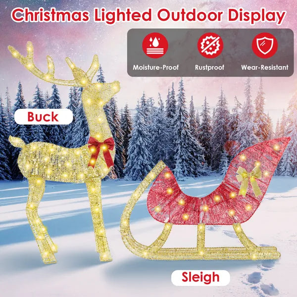 Lighted Christmas Reindeer & Sleigh Indoor Outdoor Christmas Decoration Christmas Lighted Display With 8 Lighting Modes