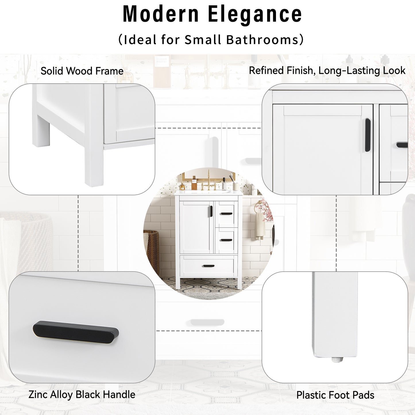 Modern 24-inch Bathroom Vanity With Ceramic Sink, Soft-Close Door, Double-Layer Door Shelf, And 3 Drawers