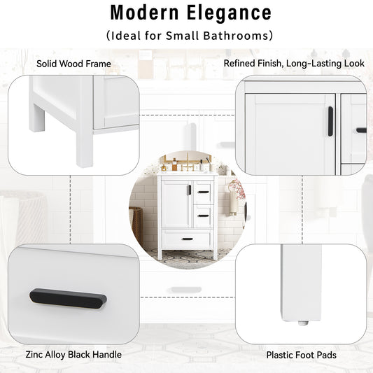 Modern 24-inch Bathroom Vanity With Ceramic Sink, Soft-Close Door, Double-Layer Door Shelf, And 3 Drawers