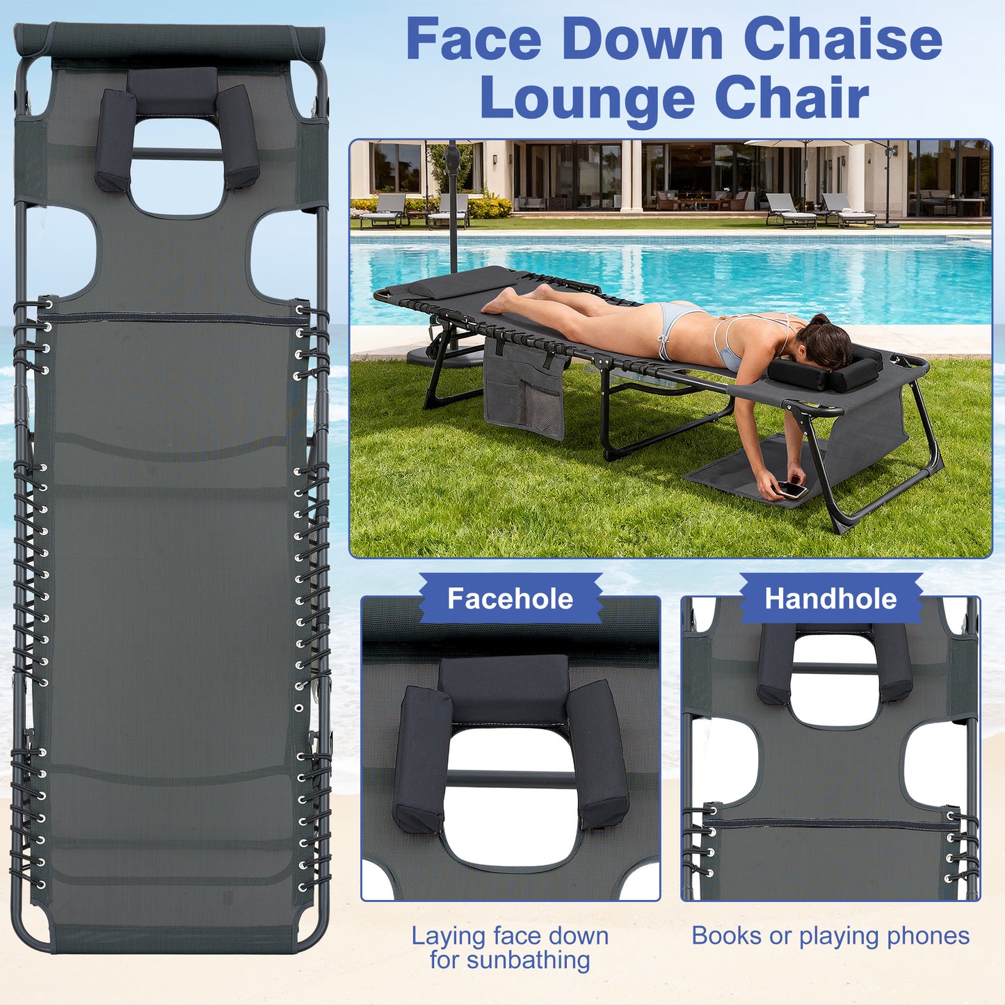 Face Down Chaise Lounge Chair 5-Position Adjustable Sunbathing, Foldable Tanning Chair With Face& Arm Holes, Outdoor Recliner Chair For Pool, Beach, Patio, Lawn  Black, 2 Pcs