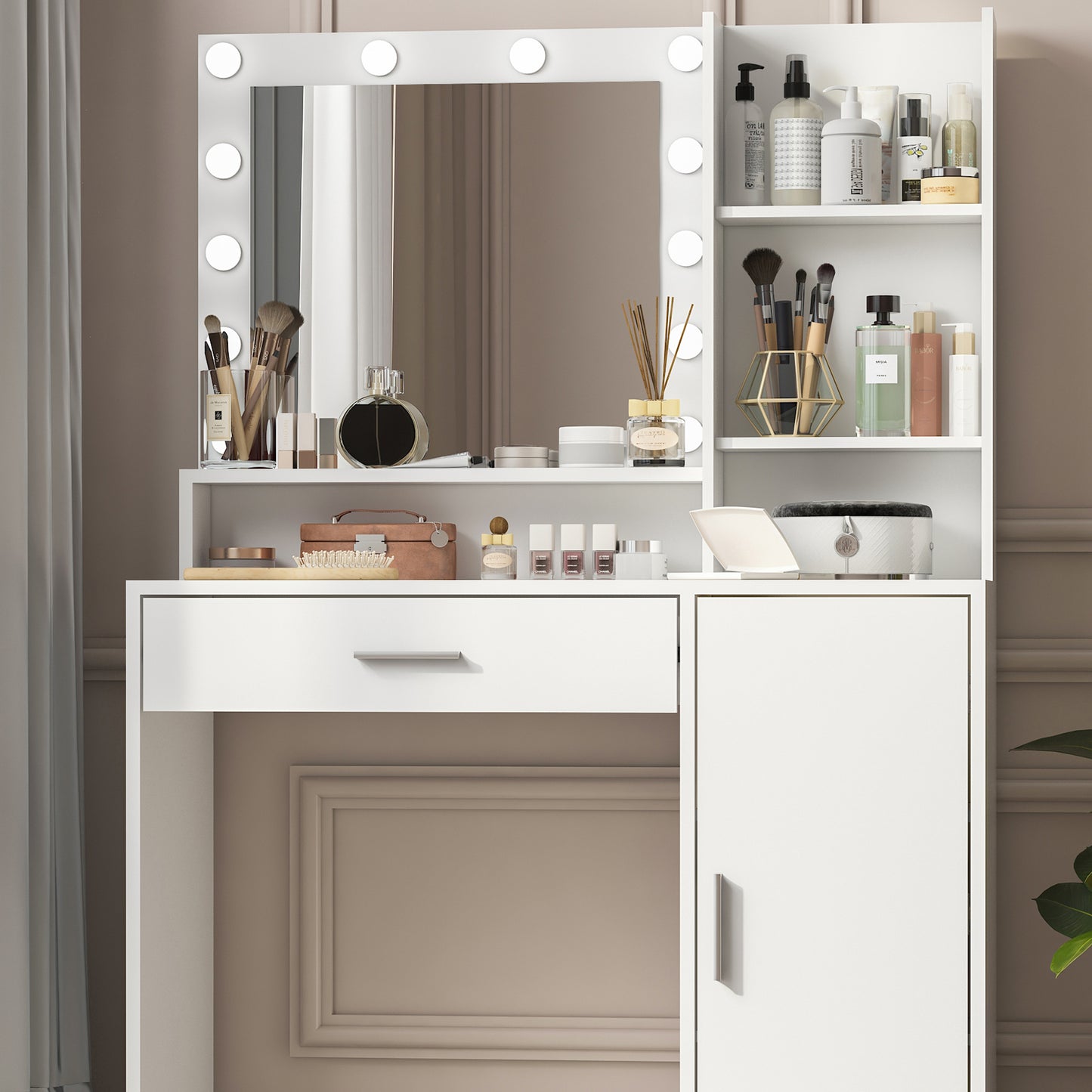 Vanity Desk With Mirror & Light, Large Drawer Three Level Storage Dresser, 3 Lighting Modes Adjustable Brightness, Bedroom Dressing Table White