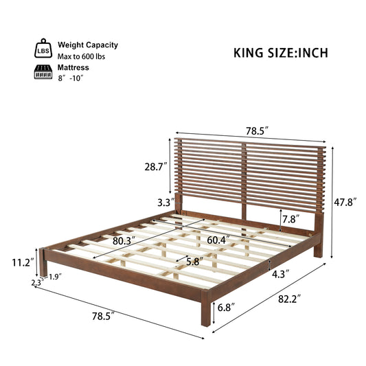 Premium Solid Wood King Size Bed Frame With Headboard, -Walnut Color, 600lbs Capacity, For Modern Bedroom,No Box Spring Needed, Fits All Mattresses