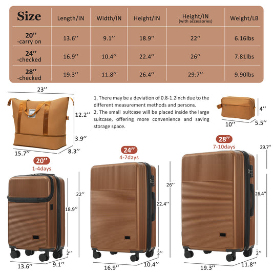 Luggage Sets 5 Piece With Half-opening, Hardside Carry On Suitcase Set With Double Spinner Wheel, Lightweight Travel Luggage With USB Port,TSA Locks