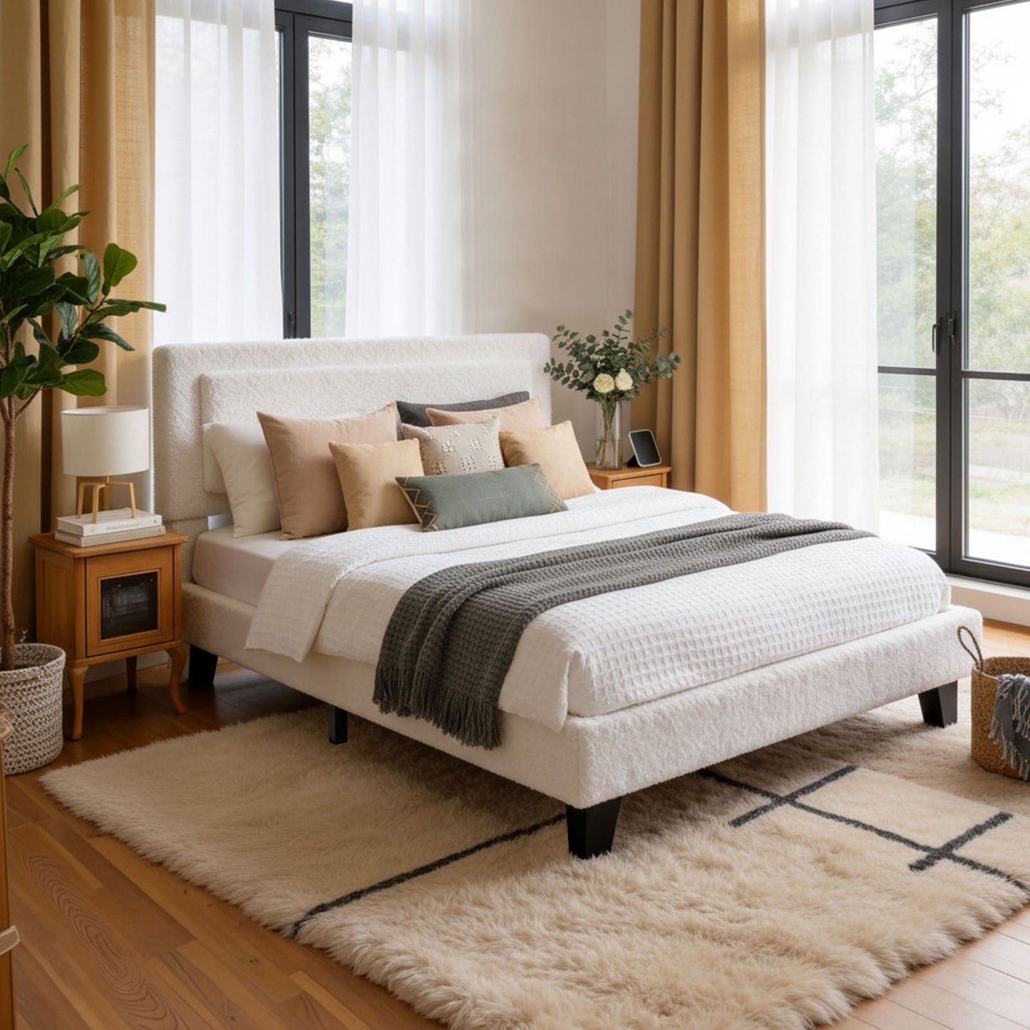Full Size Bed Frame Minimalist Upholstered Bed Frame With Adjustable Headboard Solid Wood Slats Iron Frame No Box Spring Needed Easy Assembly Beige