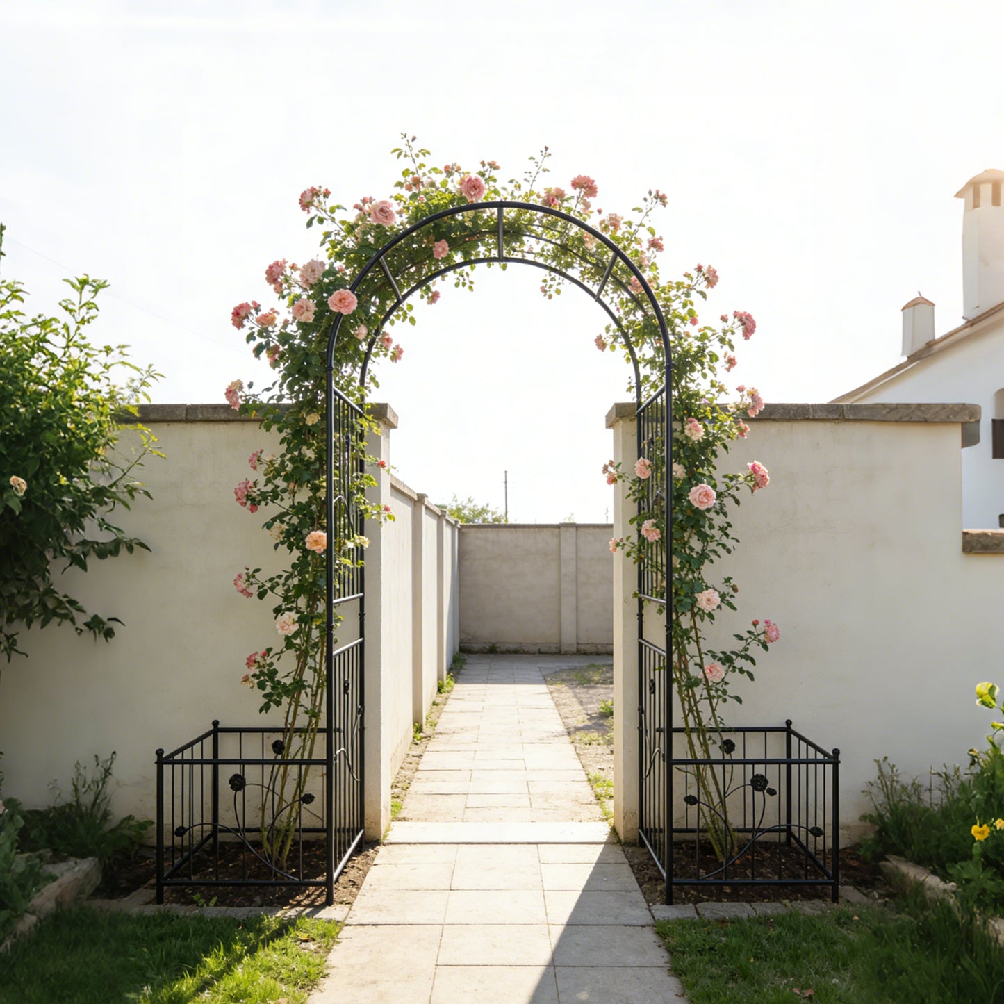 Metal Garden Arch With Two Plant Stands 79.5  Wide X 86.6  High Climbing Plants Support Rose Arch Outdoor Black