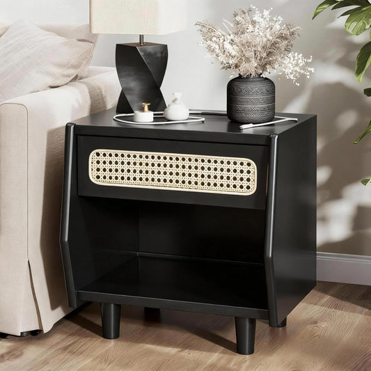 Black Nightstand With Rattan Detail, MDF   Solid Wood, Modern Bedroom Storage, Open Shelf & Drawer, Indoor Furniture