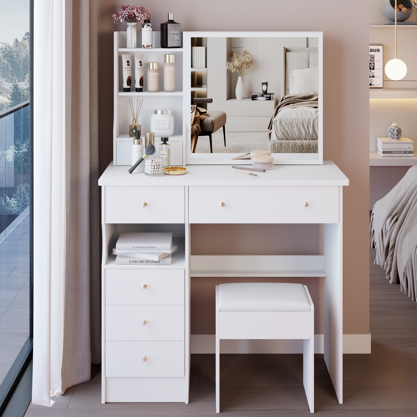 37 Middle Size Left Drawer Desktop Vanity Table  Cushioned Stool, Extra Large Right Sliding Mirror, Multi Layer High Capacity Storage, Practical Fashionable Dresser, Suitable For Large Space