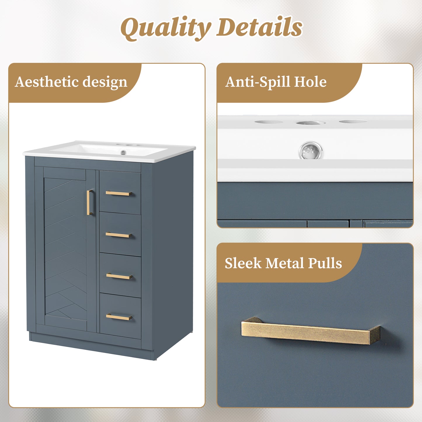 24   Bathroom Vanity With Integrated Ceramic Sink, Bathroom Cabinet With 1 Door, 3 Drawers, Single Sink Bathroom Vanity For Small And Medium Restroom, Blue